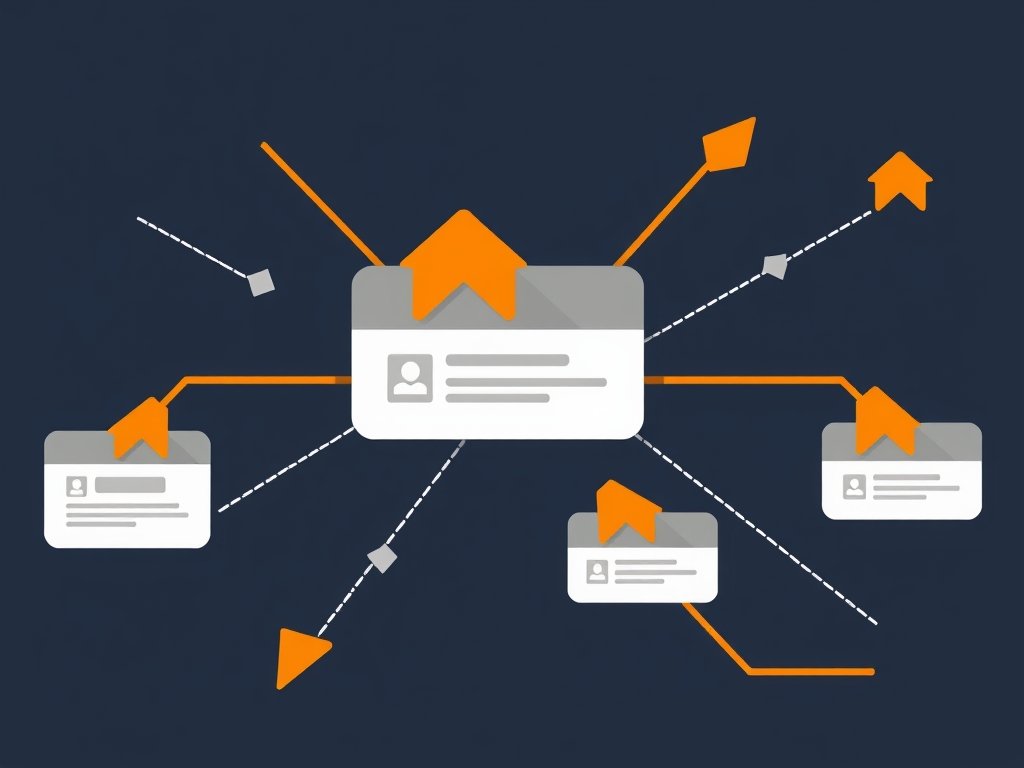 Abstract netwerk van dofollow en nofollow links tussen websites met oranje en witte lijnen op een donkere achtergrond.