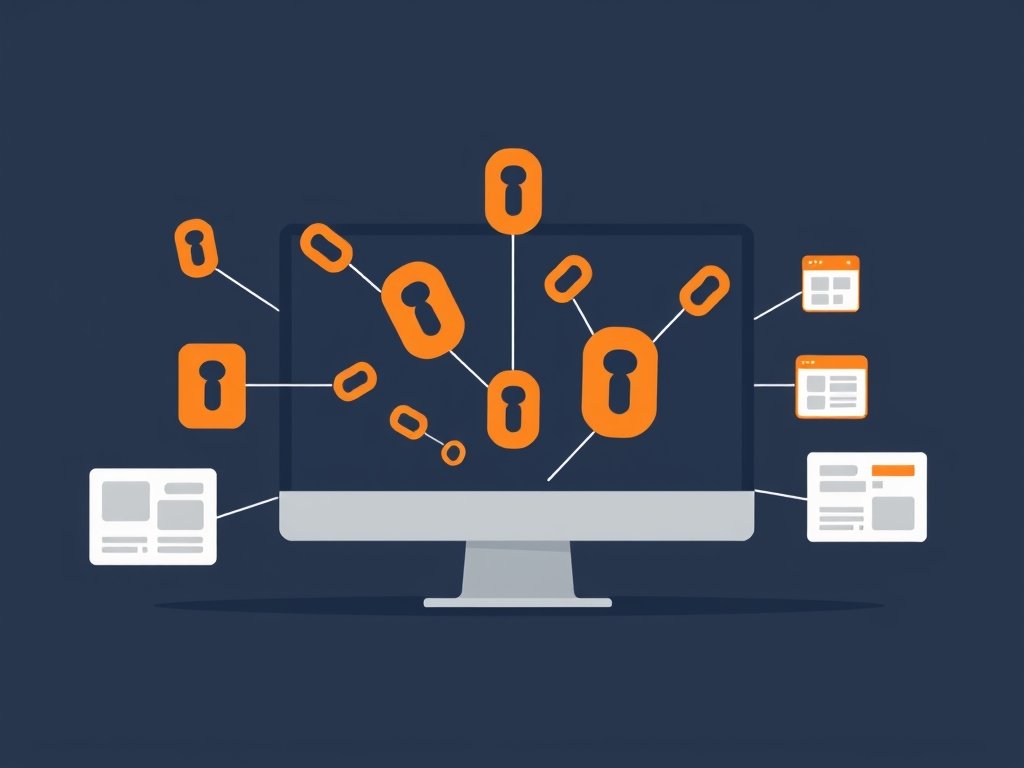 Abstract computerscherm met link iconen en verbindingslijnen naar externe websites op een donkere achtergrond.