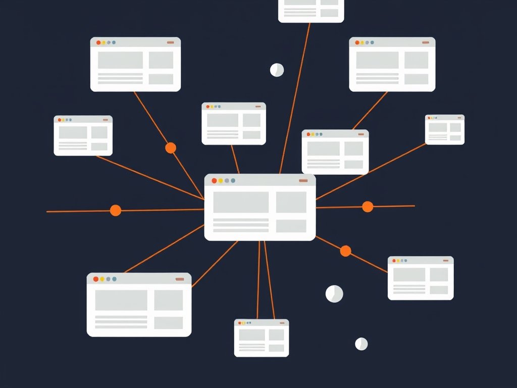 Abstract netwerk met verbonden website kaarten en oranje pijlen die externe links naar een centraal punt tonen.