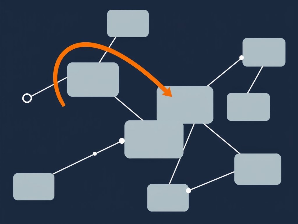 Abstract netwerk van websites met oranje pijlen die backlinks voorstellen op een donkere achtergrond.
