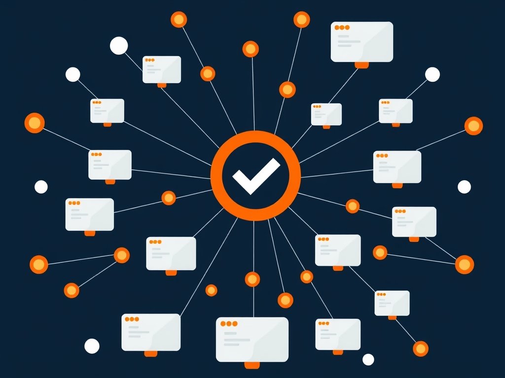 Abstract netwerk van websites en backlinkverbindingen op donkerblauwe achtergrond.
