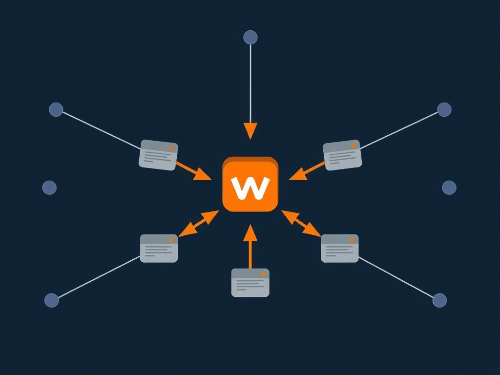 Abstract netwerk van website knooppunten met pijlen naar een centraal knooppunt op een donkere achtergrond.