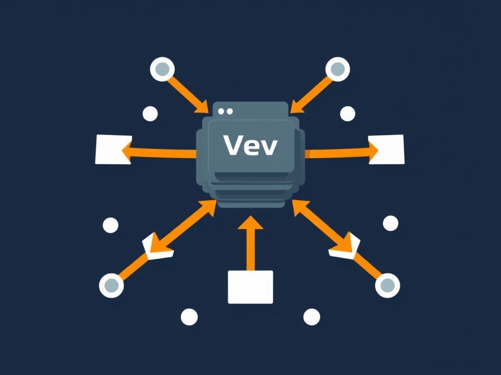 Centraal webknooppunt met gestileerde backlinkbronnen verbonden door oranje pijlen op een donkere achtergrond.
