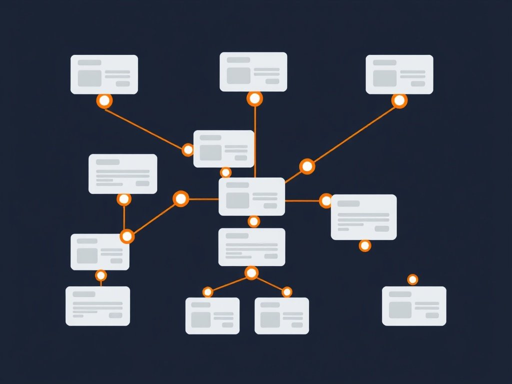 Digitale kaart met verbonden knooppunten en oranje interne link paden op een donkere achtergrond.