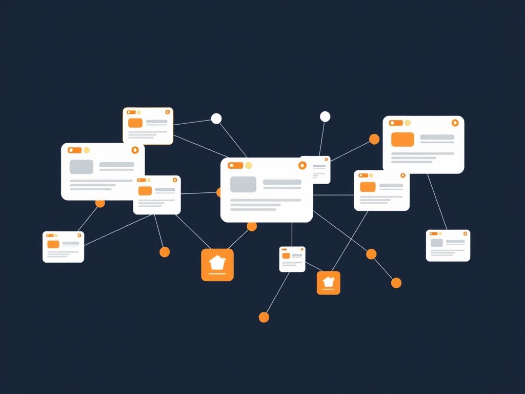 Abstract netwerk van verbonden websiteknopen en kaarten met vloeiende lijnen op donkere achtergrond die een linkprofiel symboliseren.