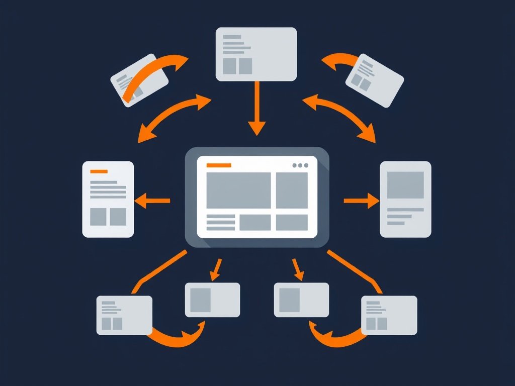 Gelaagde websitekaarten met oranje pijlen die verwijzende domeinen naar een centrale website visualiseren.