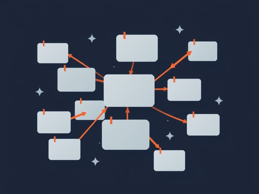 Gestileerde kaarten verbonden met oranje pijlen op een donkere achtergrond die anchor text links symboliseren.
