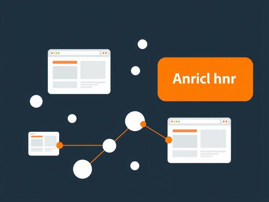 Abstract flat design met oranje highlights van websites en verbindingen die exact match anchor text symboliseren.