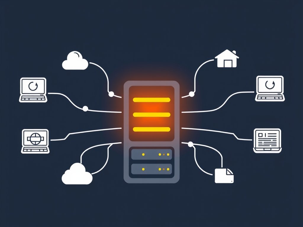 Gestileerde servers en websites verbonden door pijlen in een donker kleurenpalet links bouwend concept.