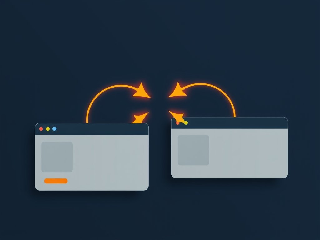 Twee abstracte website kaarten met gloeiende bidirectionele pijlen die een reciprocal link uitbeelden.