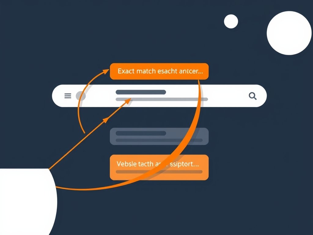 Minimalistische illustratie met oranje linkpijlen tussen websites die exact match anchor text weergeven.