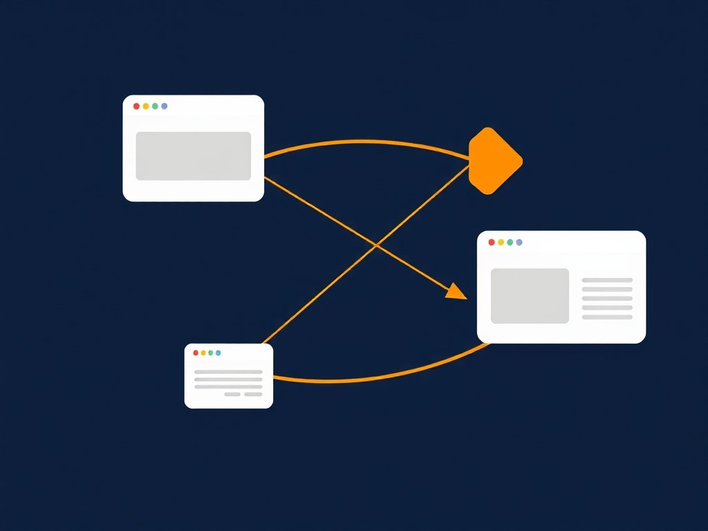 Abstract netwerk met twee verbonden website knooppunten en bidirectionele pijlen die reciprocal link symboliseren.