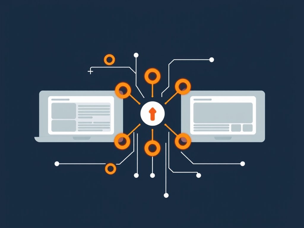 Websitepanelen met oranje verbindingslijnen die backlinks indexeren op een donkere flat vector achtergrond.