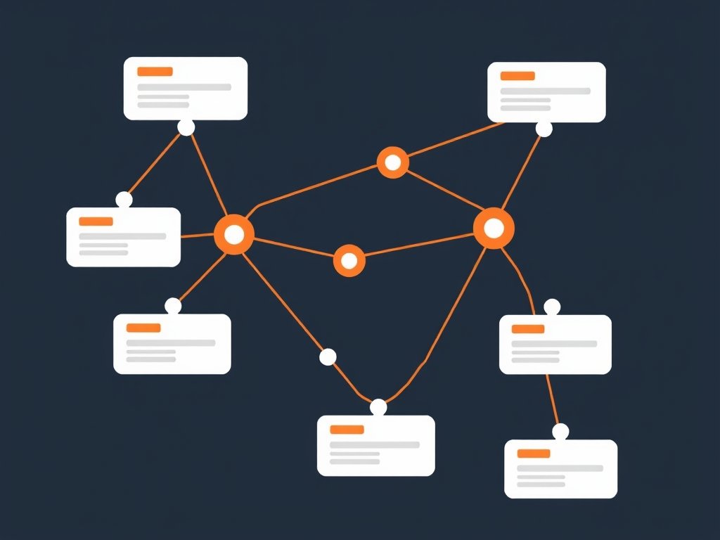Abstract netwerk van verbonden webkaarten met oranje linklijnen op een donkere achtergrond representerend anchor text.
