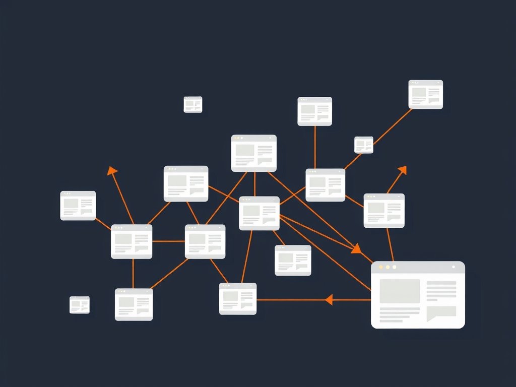 Abstract netwerk van websites en backlinks in een moderne flat vector stijl op een donkere achtergrond.