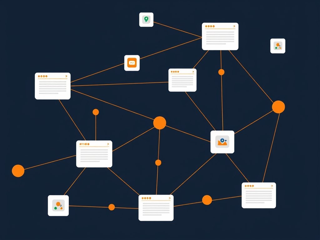 Abstract netwerk van verbonden websites met linkpijlen op een donkere achtergrond in linkbuilding thema.