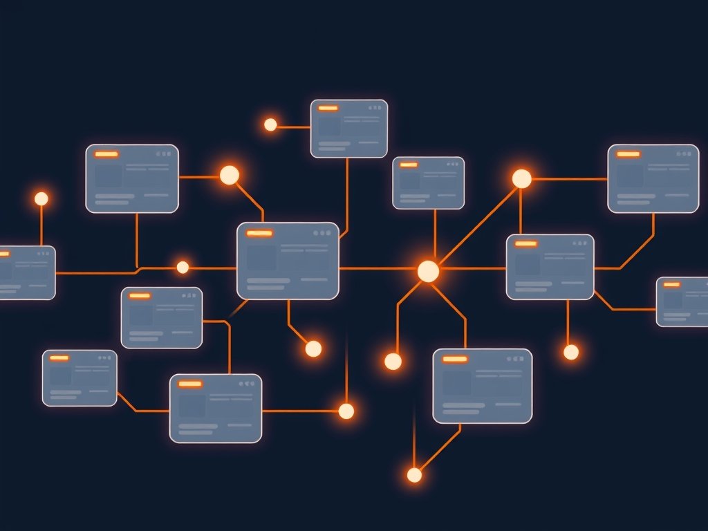 Abstract netwerk van onderling verbonden websitekaarten met oranje verbindingspijlen op een donkerblauwe achtergrond.