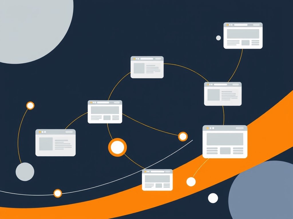Gestileerde abstracte verbinding van website kaarten met oranje pijlen die een externe link proces visualiseren.