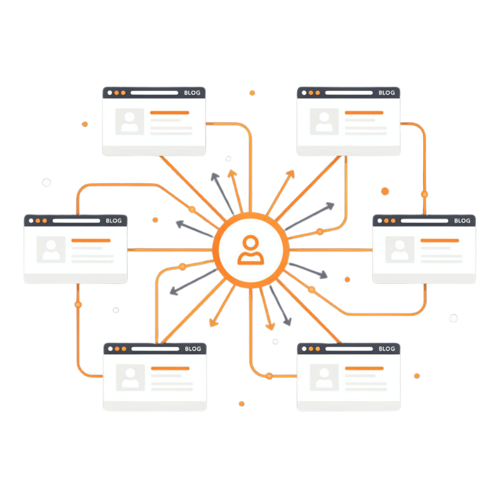 een illustratie van een linkbuilding bureau die met allerlei websites in verbinding staat